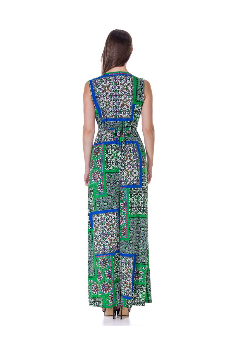 24seven Comfort Apparel Scarf Print V-Neck Empire Waist Sleeveless Maxi Dress, Alternate, color, Green Multi