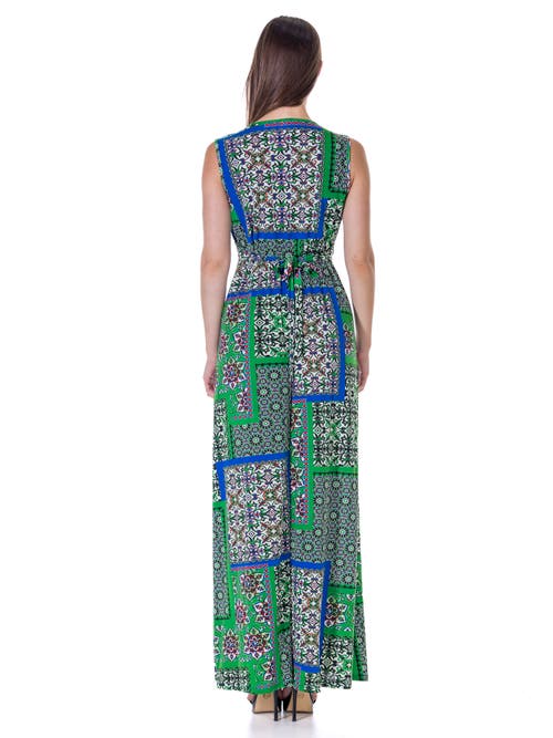 24seven Comfort Apparel Scarf Print V-neck Empire Waist Sleeveless Maxi Dress In Green