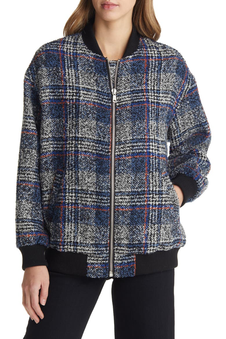 Plaid Tweed Bomber Jacket, Alternate, color, BLUE BOUCLE PLAID