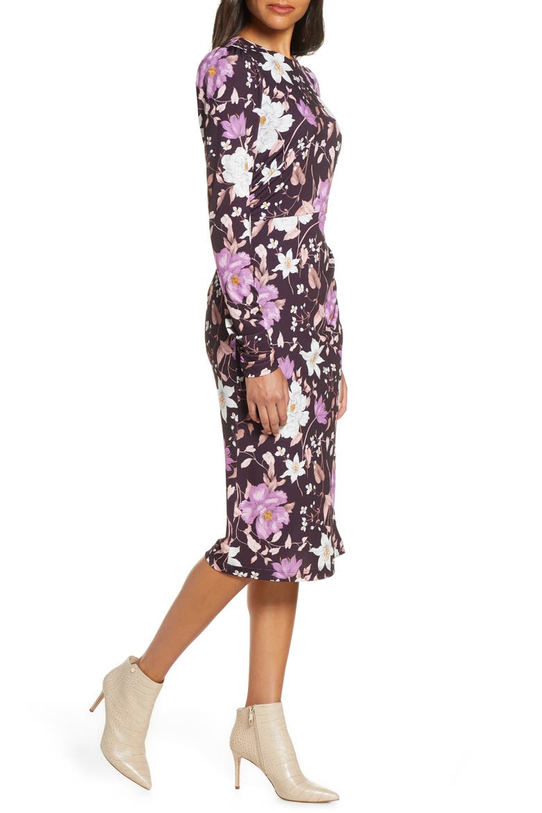Floral Long Sleeve Body-Con Midi Dress, Alternate, color, AUBERGINE
