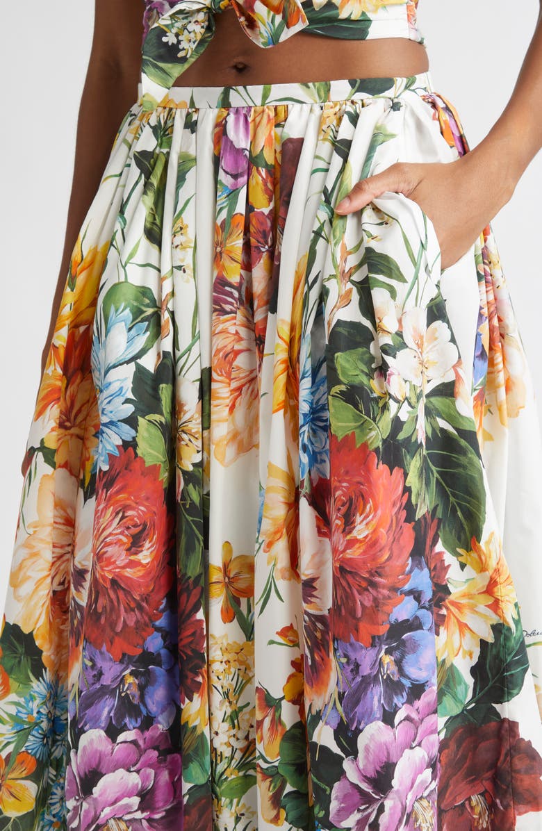 Dolce&Gabbana Floral Print Pleated Cotton Poplin A-Line Midi Skirt, Alternate, color, Ha5pc B.fiori Cret. F.bco