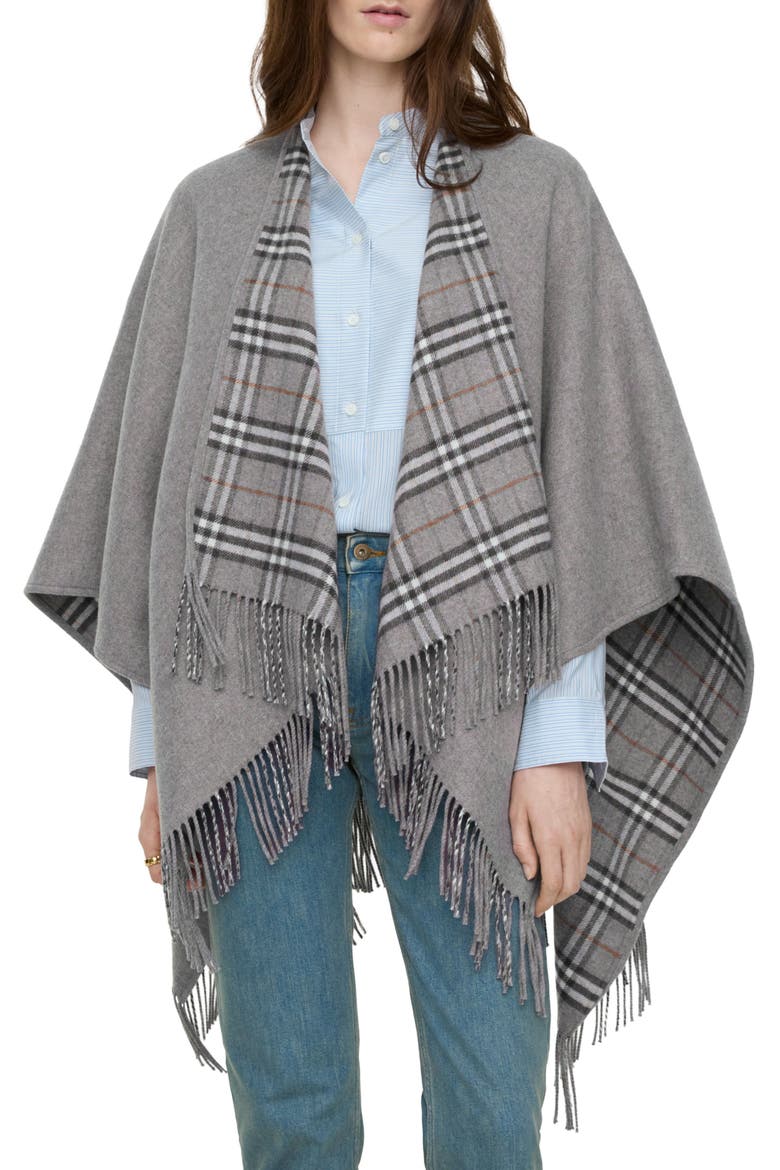 Check Wool Reversible Cape, Main, color, GREY