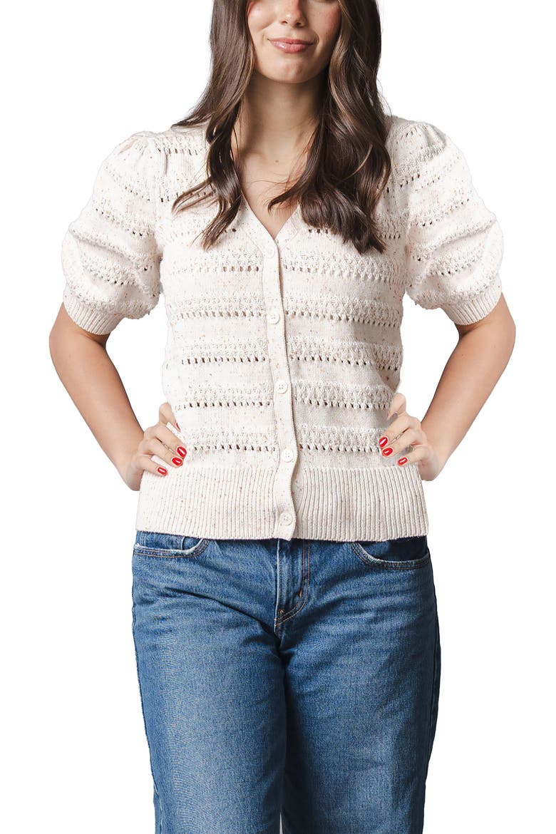 Organic Puff Sleeve Button Front Sweater, Main, color, Ivory Multi Fleck