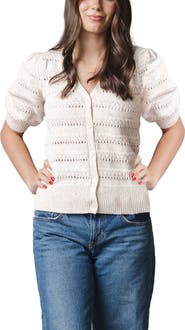 Hope & Henry Organic Puff Sleeve Button Front Sweater