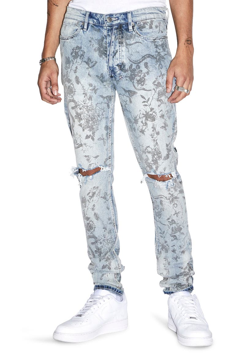 Van Winkle Unearthly Floral Print Ripped Skinny Jeans, Main, color, DENIM