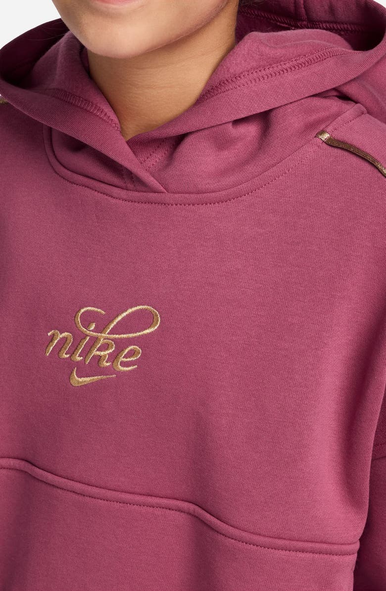 Nike Kids' Relaxed Fit Cotton Blend Fleece Hoodie, Alternate, color, Sweet Beet/ Metallic Gold