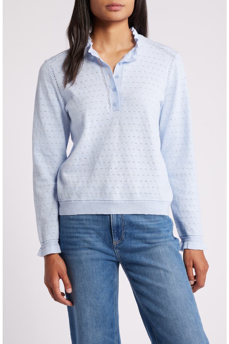 Ruffle Pointelle Sweater, Main, color, HEATHER LIGHT BLUE