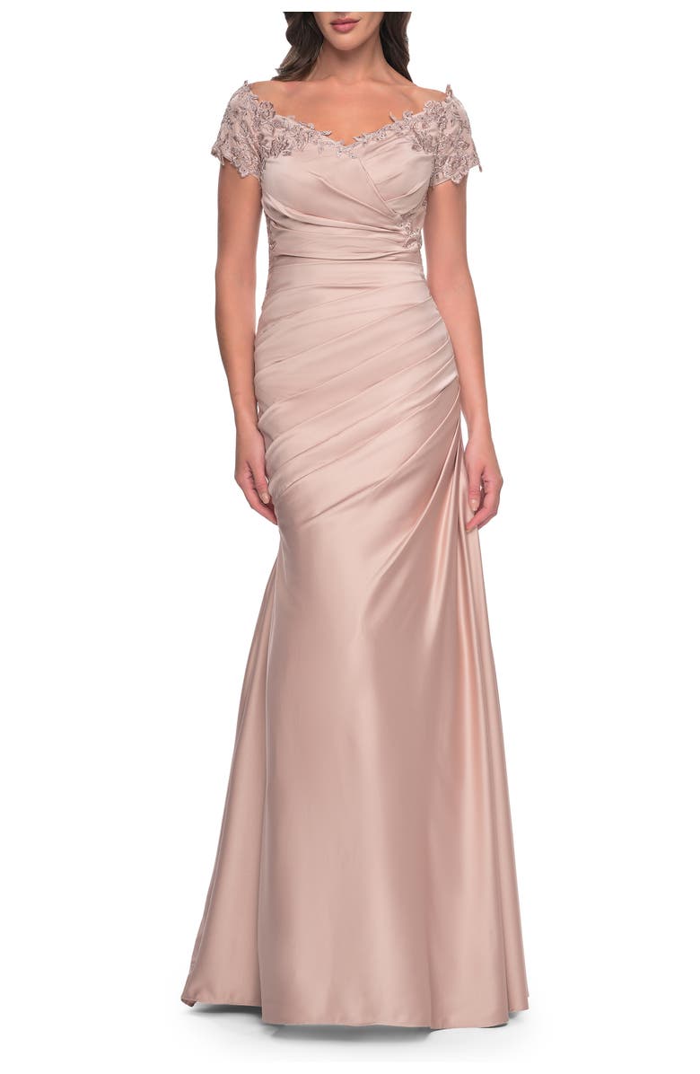 La Femme Off the Shoulder Satin and Lace Mermaid Pleated Gown, Main, color, Champagne