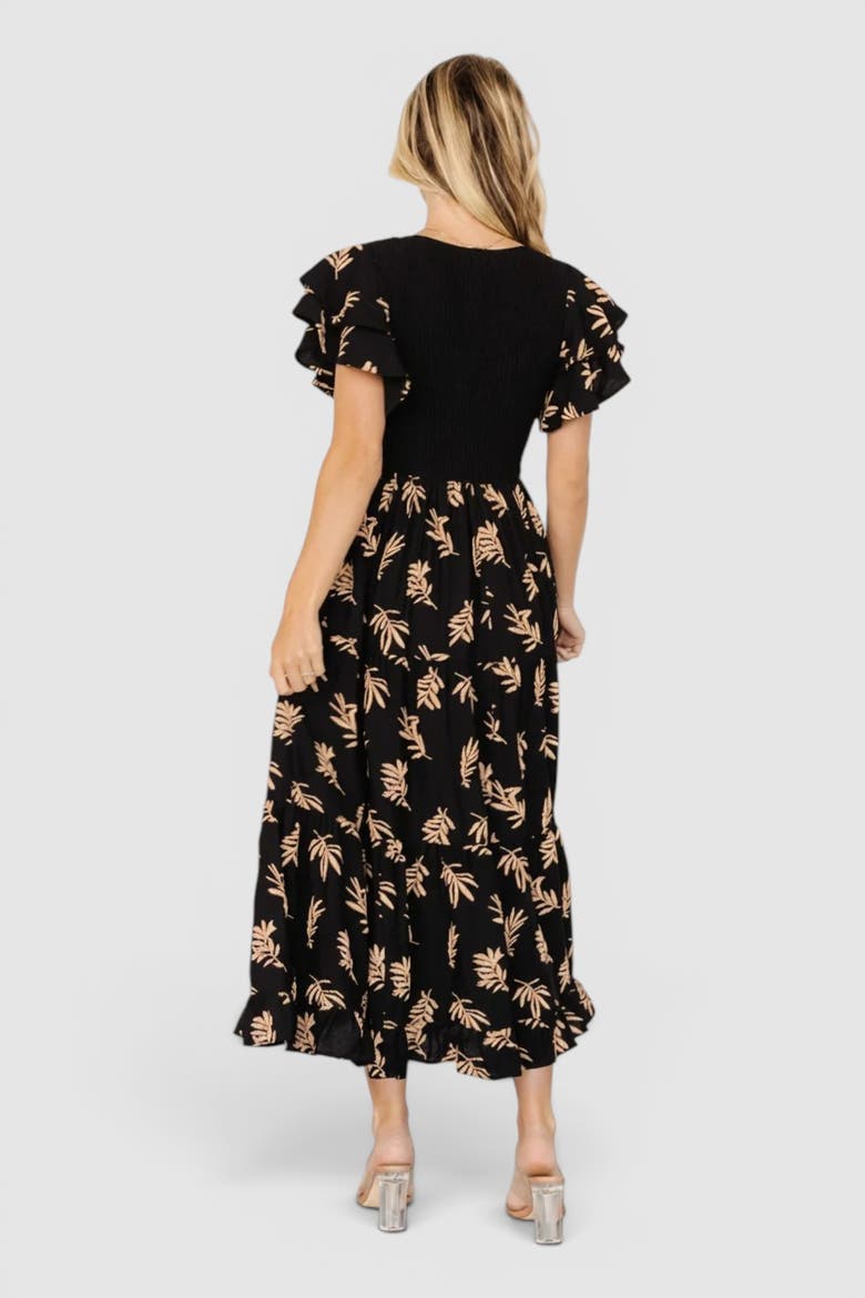 Estelle Smocked Midi Dress, Alternate, color, Black + Tan Print