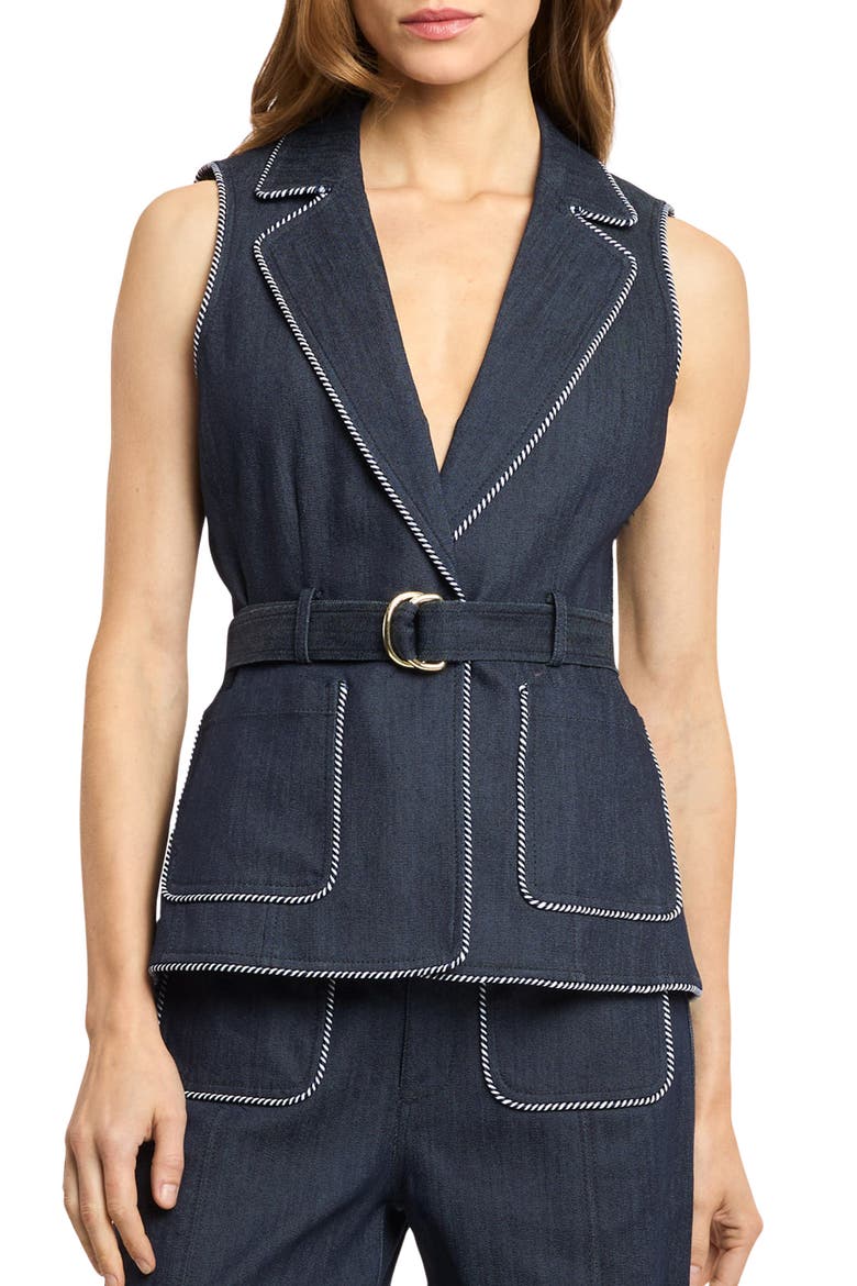 Andrea Whipstitch Trim Denim Vest, Main, color, INDIGO