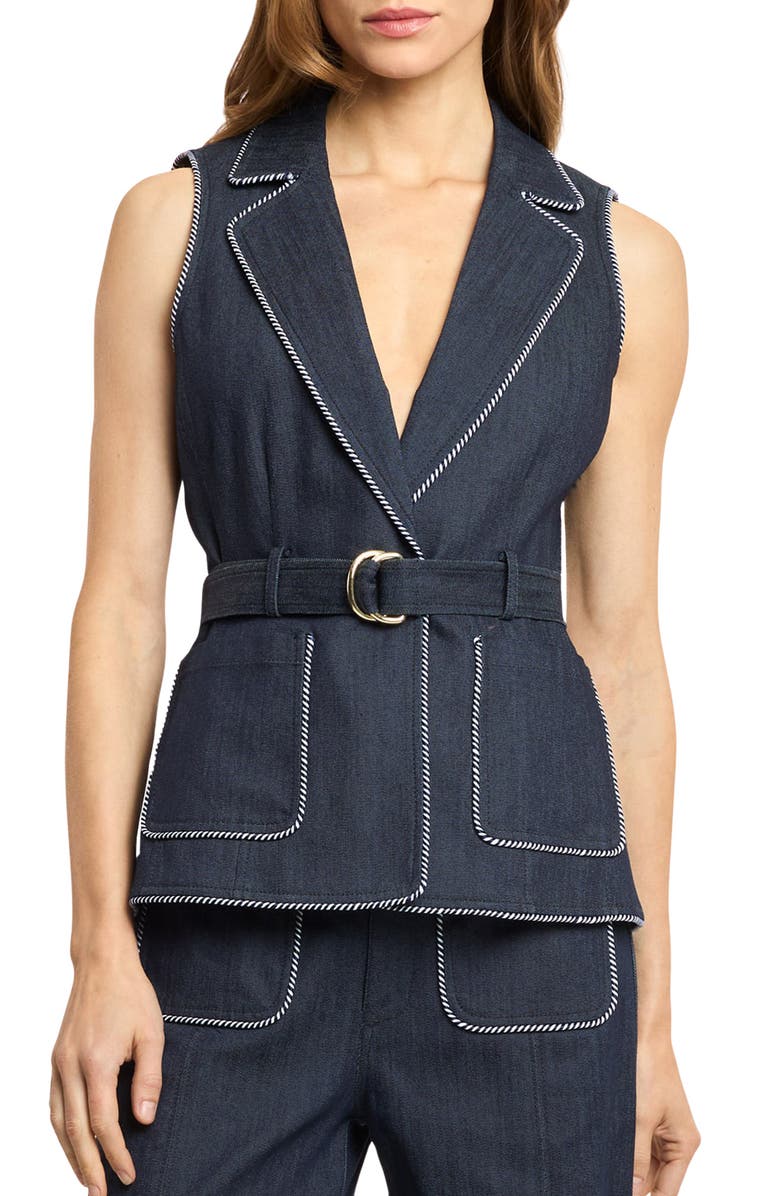 Cinq à Sept Andrea Whipstitch Trim Denim Vest, Main, color, Indigo