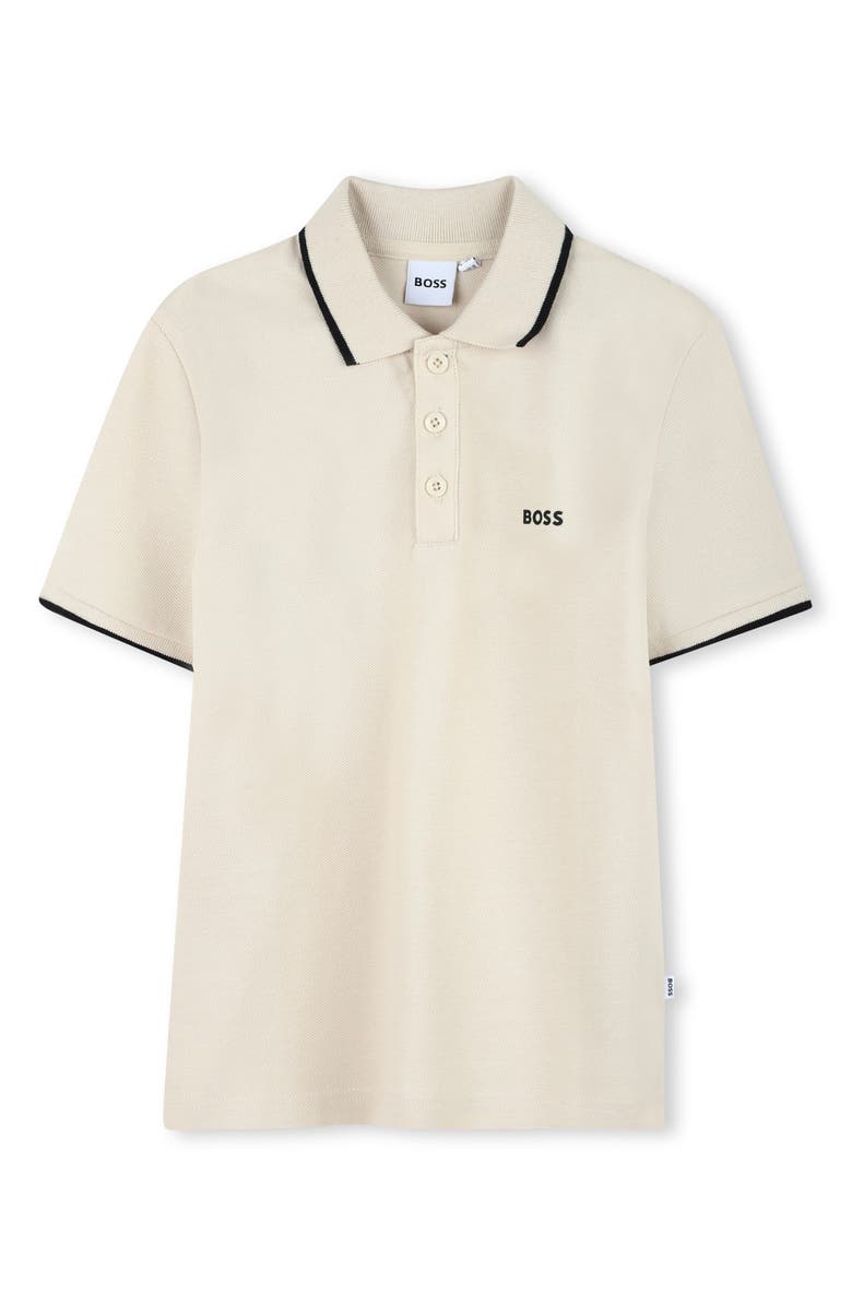 BOSS Kidswear Kids' Tipped Stretch Cotton Piqué Polo, Main, color, Sand