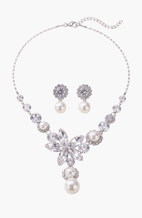 Flower Pearl Drop Necklace and Earrings Set