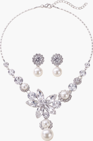 Modenaire Flower Pearl Drop Necklace and Earrings Set