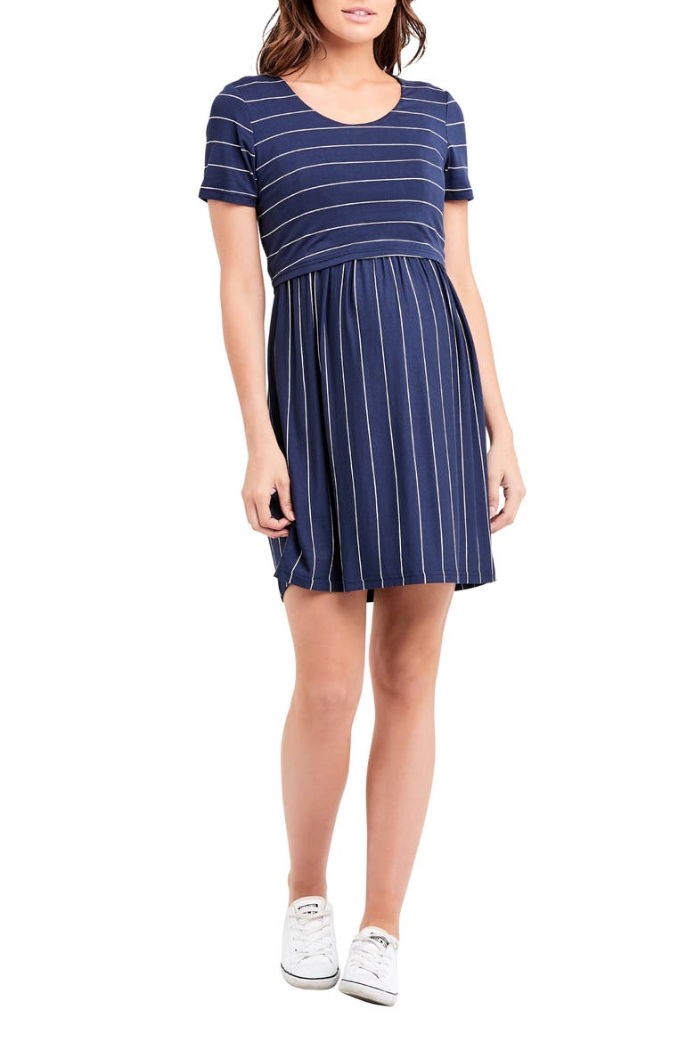 Crop Top Nursing Dress, Main, color, INDIGO / WHITE