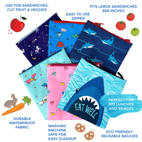 Yumbox Reusable Sandwich Bags Insulated, Washable, Eco-friendly Fabric Pouches For Snacks, Wraps & L