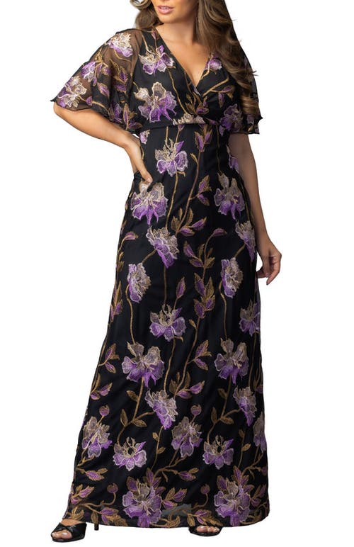 Kiyonna Embroidered Elegance Evening Gown With Sleeves In Black