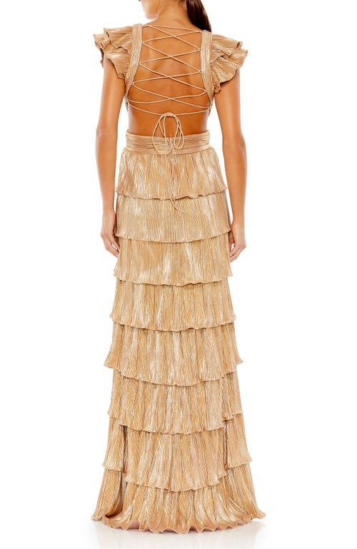 Mac Duggal Ieena Metallic Tiered Gown In Gold