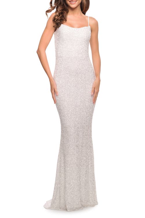 La Femme Lovely Long Soft Sequin Dress With Scoop Neck In White