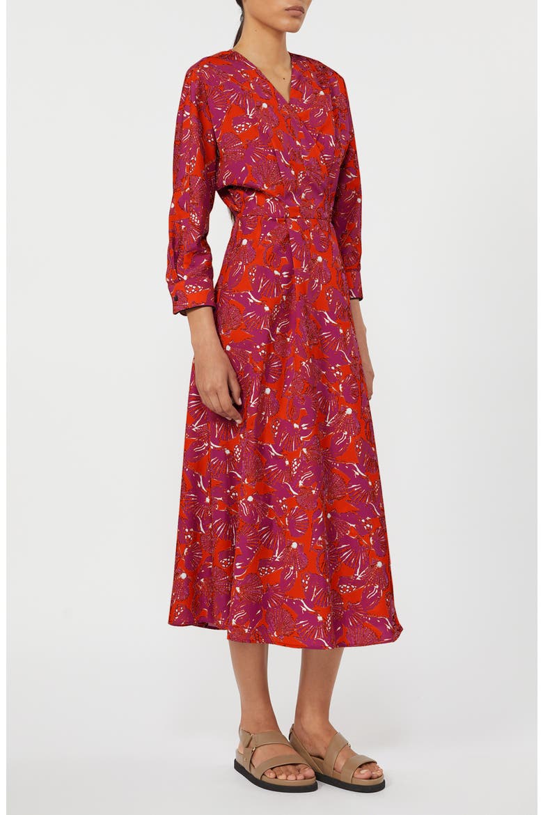 Camino Shell Print Cotton Poplin Wrap Dress, Alternate, color, CORAL