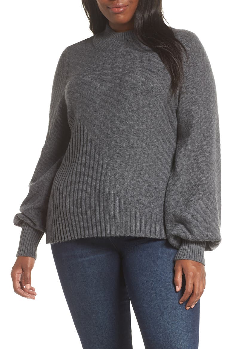 Mix Cable Balloon Sleeve Cotton Blend Sweater, Alternate, color, MED HEATHER GREY