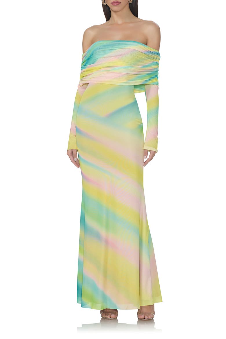 Thelma Print Off the Shoulder Long Sleeve Mesh Maxi Dress, Main, color, RAINBOW STRIPE