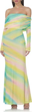 AFRM Thelma Print Off the Shoulder Long Sleeve Mesh Maxi Dress
