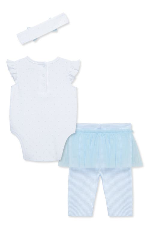 Shop Little Me Daisies Bow Head Wrap, Ruffle Bodysuit & Skirted Leggings Set In Blue