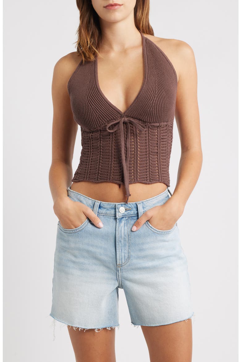 Kelli Open Stitch Cotton Halter Top, Main, color, BROWN