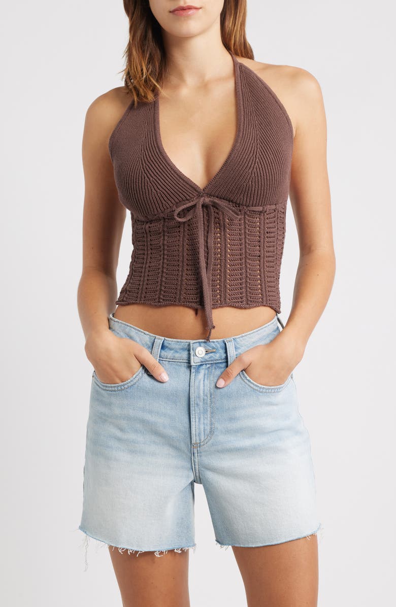 PacSun Kelli Open Stitch Cotton Halter Top, Main, color, Brown