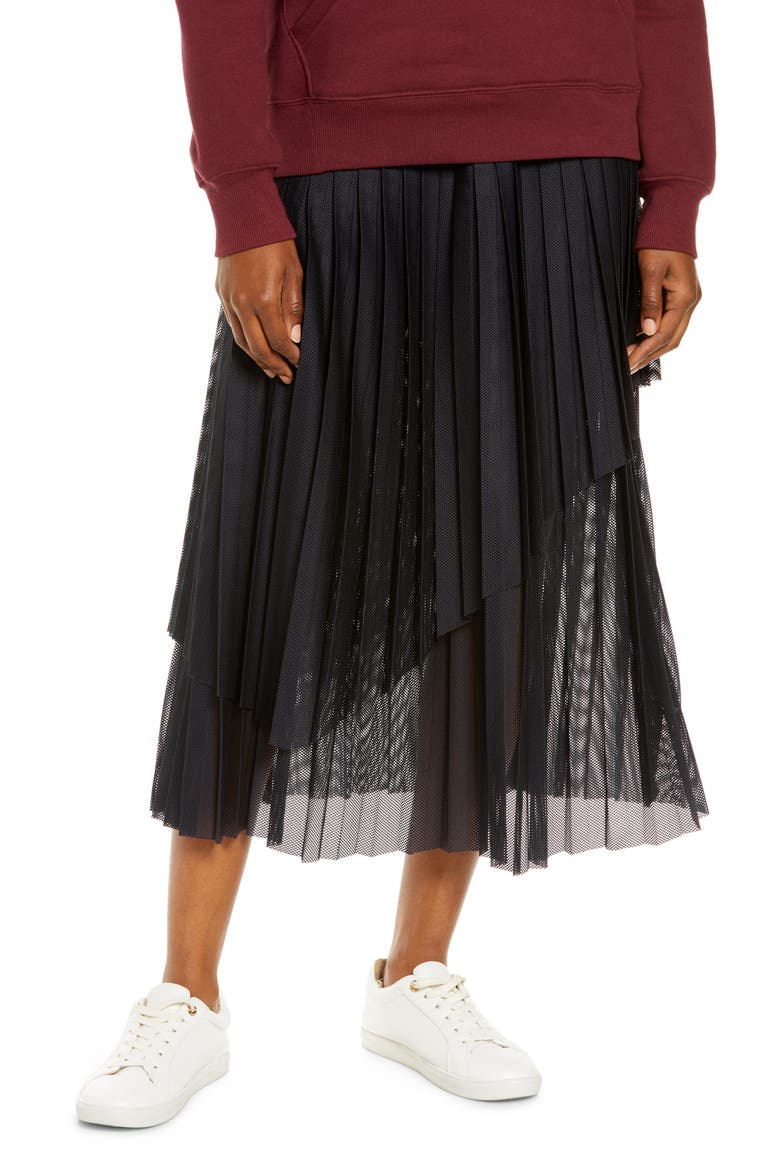 Mesh Overlay Pleated Skirt, Main, color, BLACK