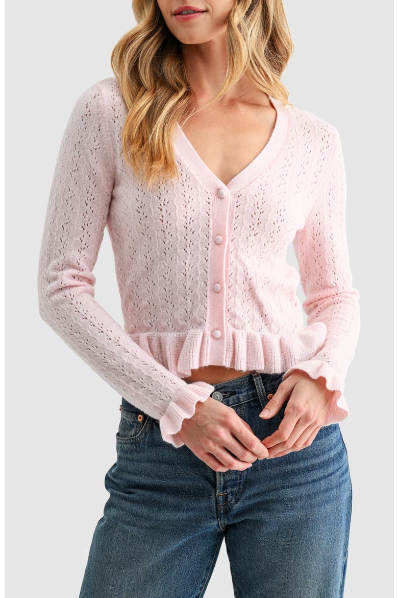 Pointelle Ruffle Hem Crop Cardigan, Main, color, LIGHT BLUSH