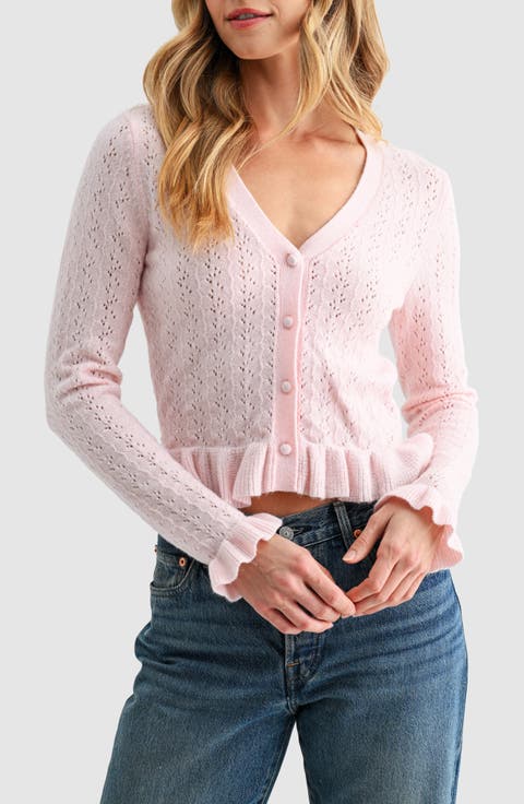 Pointelle Ruffle Hem Crop Cardigan