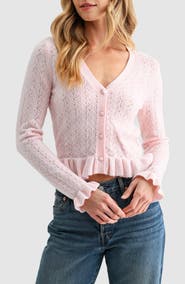 All in Favor Pointelle Ruffle Hem Crop Cardigan