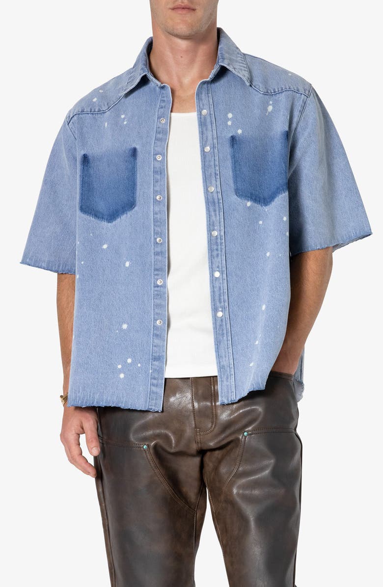 mnml Oversize Short Sleeve Washed Denim Snap-Up Western Shirt, Main, color, 