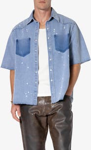 mnml Oversize Short Sleeve Washed Denim Snap-Up Western Shirt