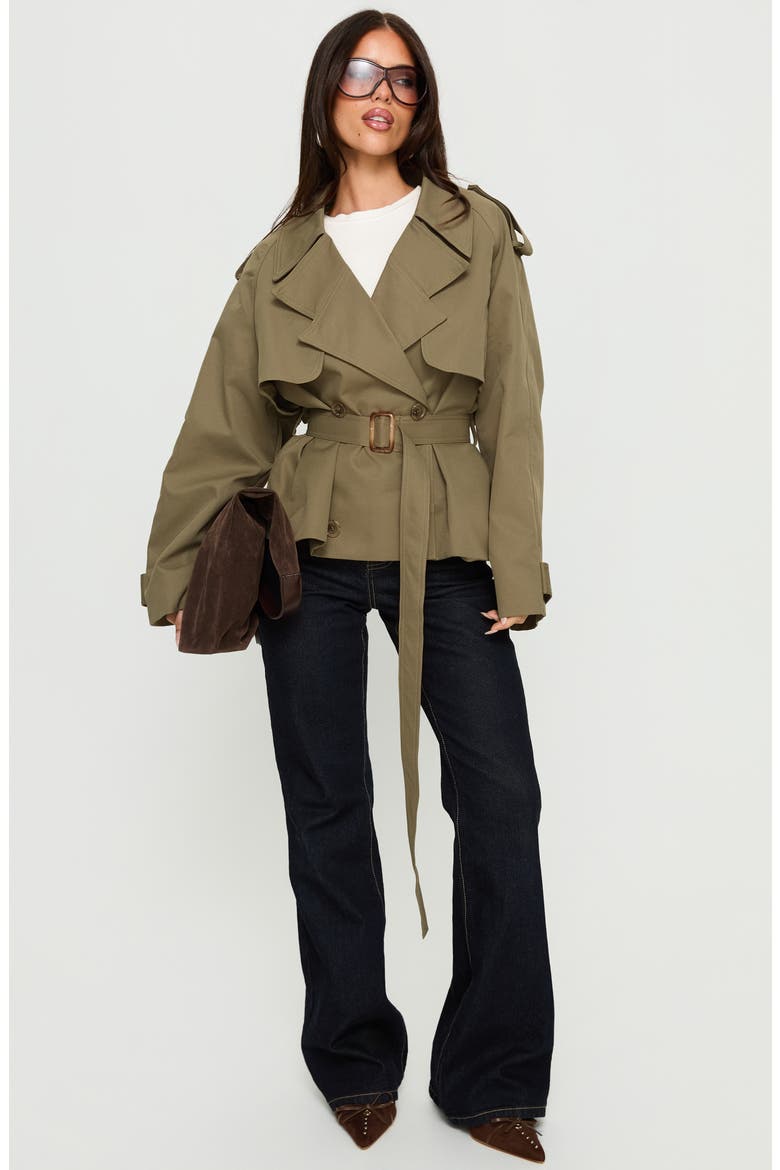 Eldora Double Breasted Belted Crop Trench Coat, Alternate, color, GREEN