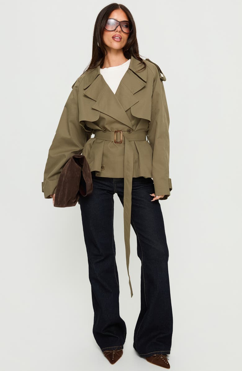 Princess Polly Eldora Double Breasted Belted Crop Trench Coat, Alternate, color, Green