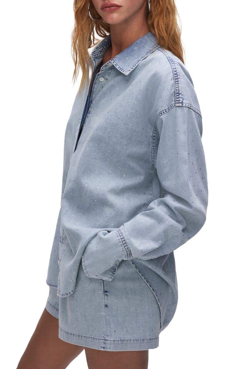 Good American Weekend Rhinestone Oversize Nonstretch Denim Button-Up Shirt, Alternate, color, Indigo499