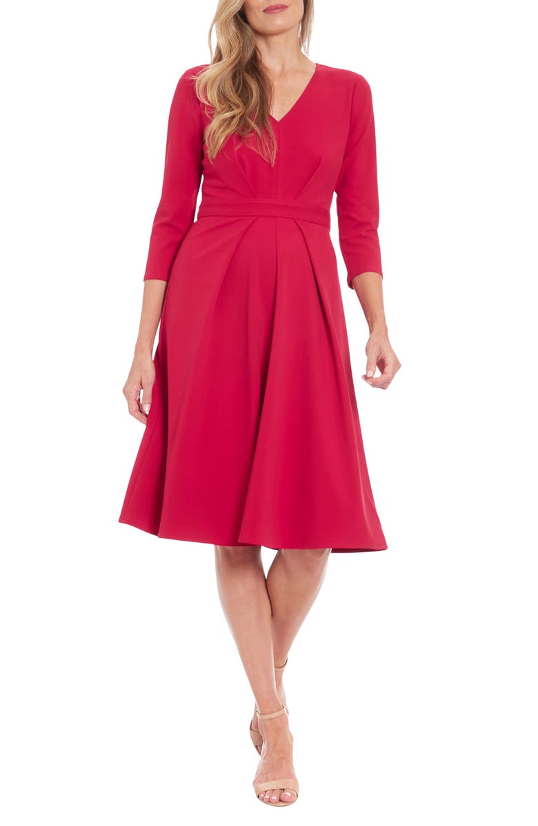 London Times V-Neck Long Sleeve Crepe Midi Dress, Main, color, Sangria