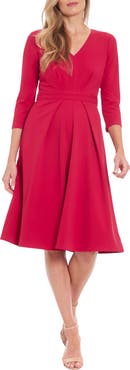 London Times V-Neck Long Sleeve Crepe Midi Dress