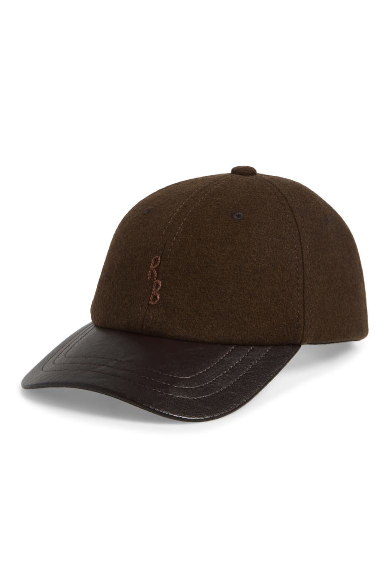 Hand Embroidered Wool Blend & Faux Leather Adjustable Baseball Cap, Main, color, BROWN