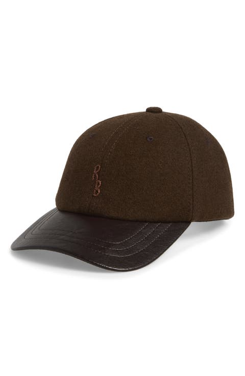 Hand Embroidered Wool Blend & Faux Leather Adjustable Baseball Cap
