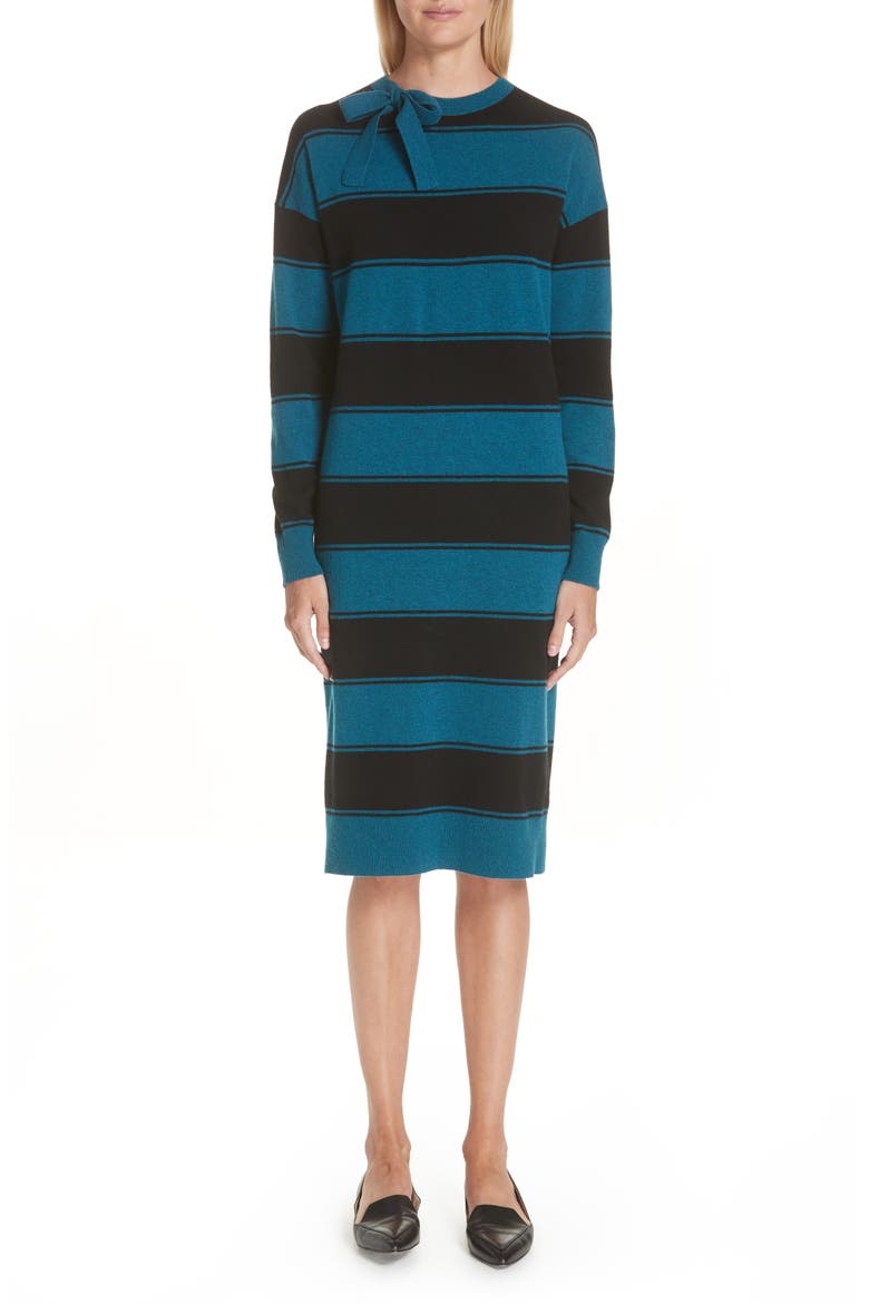 Tie Neck Stripe Wool Sweater Dress, Main, color, TEAL MULTI