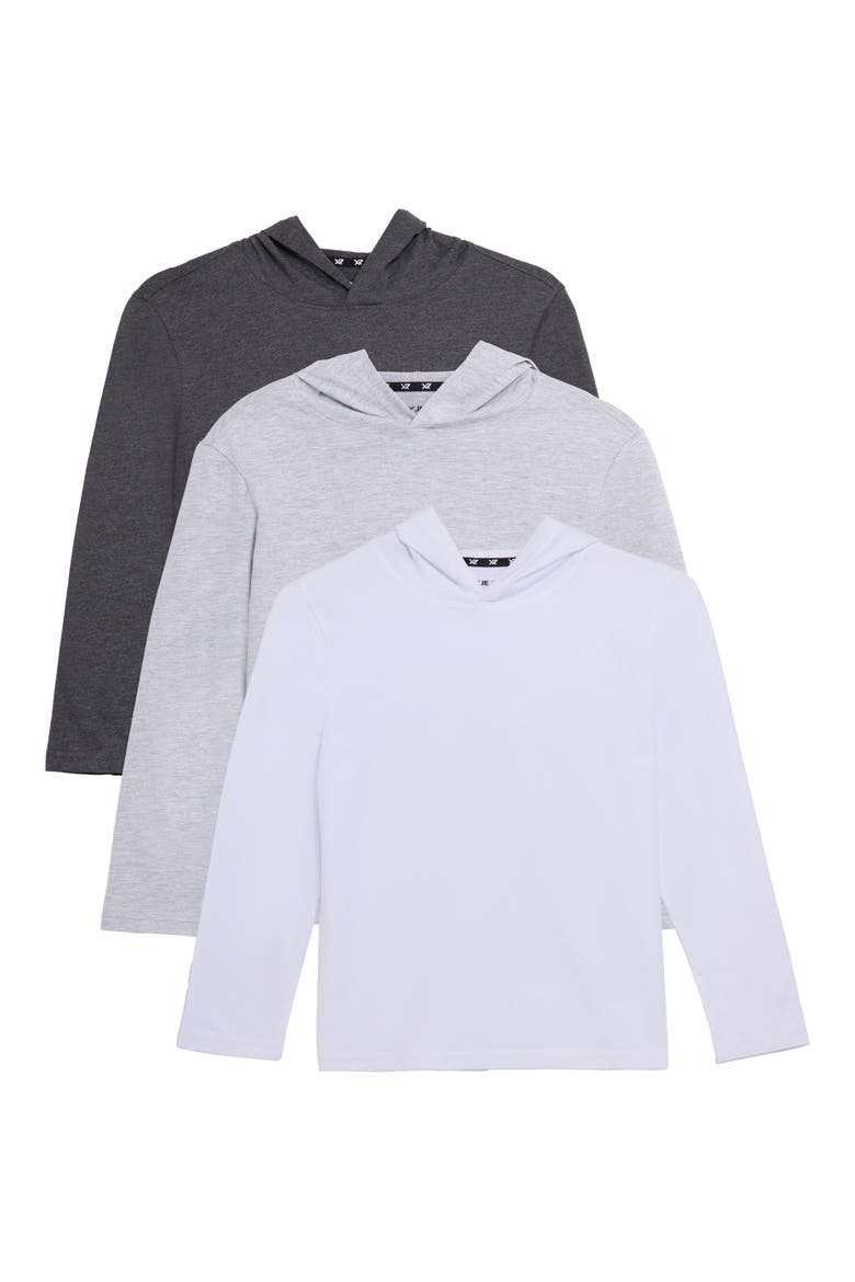 Kids' 3-Pack Hooded Long Sleeve Cotton T-Shirts, Main, color, GREY/ LIGHT HEATHER GREY/WHITE