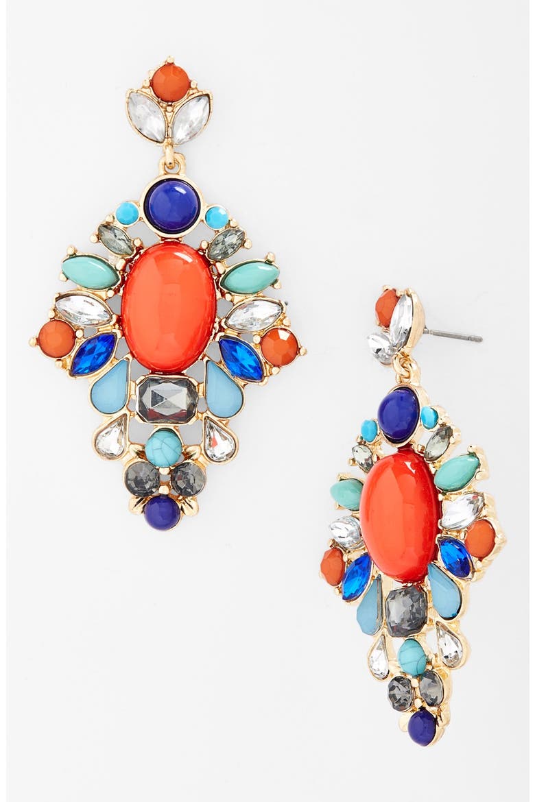 Multi Jeweled Pendant Earrings, Main, color, CORAL MULTI