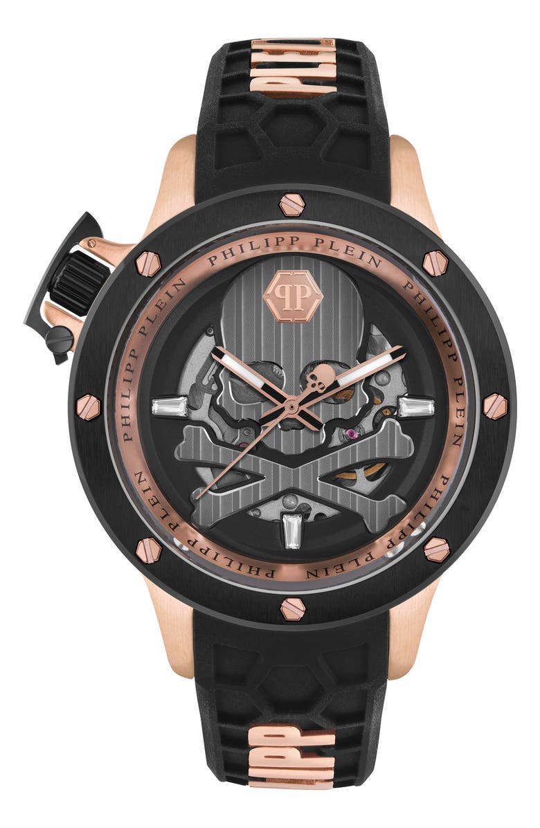 PHILIPP PLEIN Rich Skeleton Silicone Strap Watch, 46mm, Main, color, Ip Rose Gold
