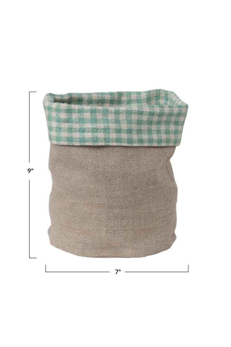 Creative Co-Op Handwoven Linen Bread Basket with Gingham Lining, Aqua and Natural, Alternate, color, Blue