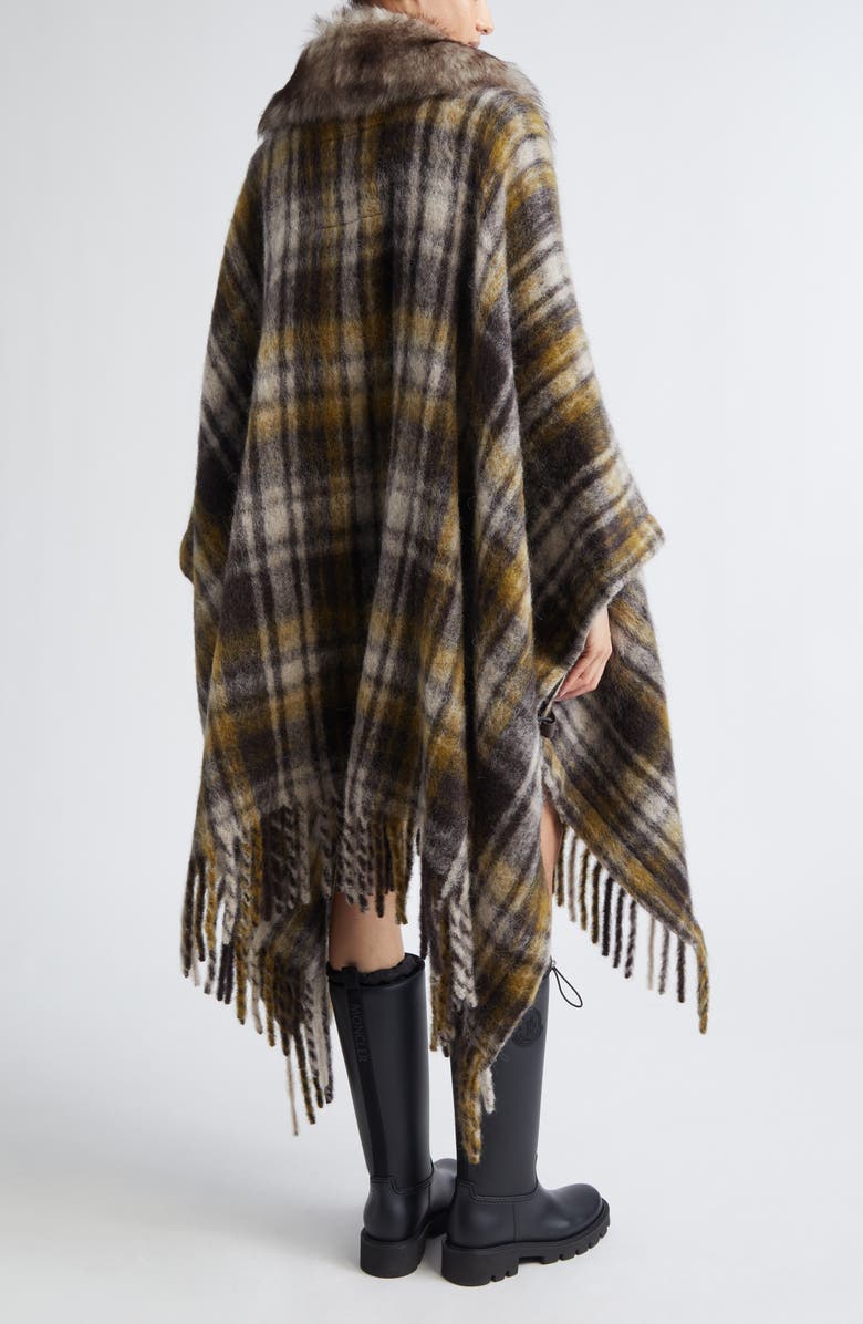 Moncler Grenoble Plaid Felt Cape with Genuine Shearling Collar, Alternate, color, Neutral