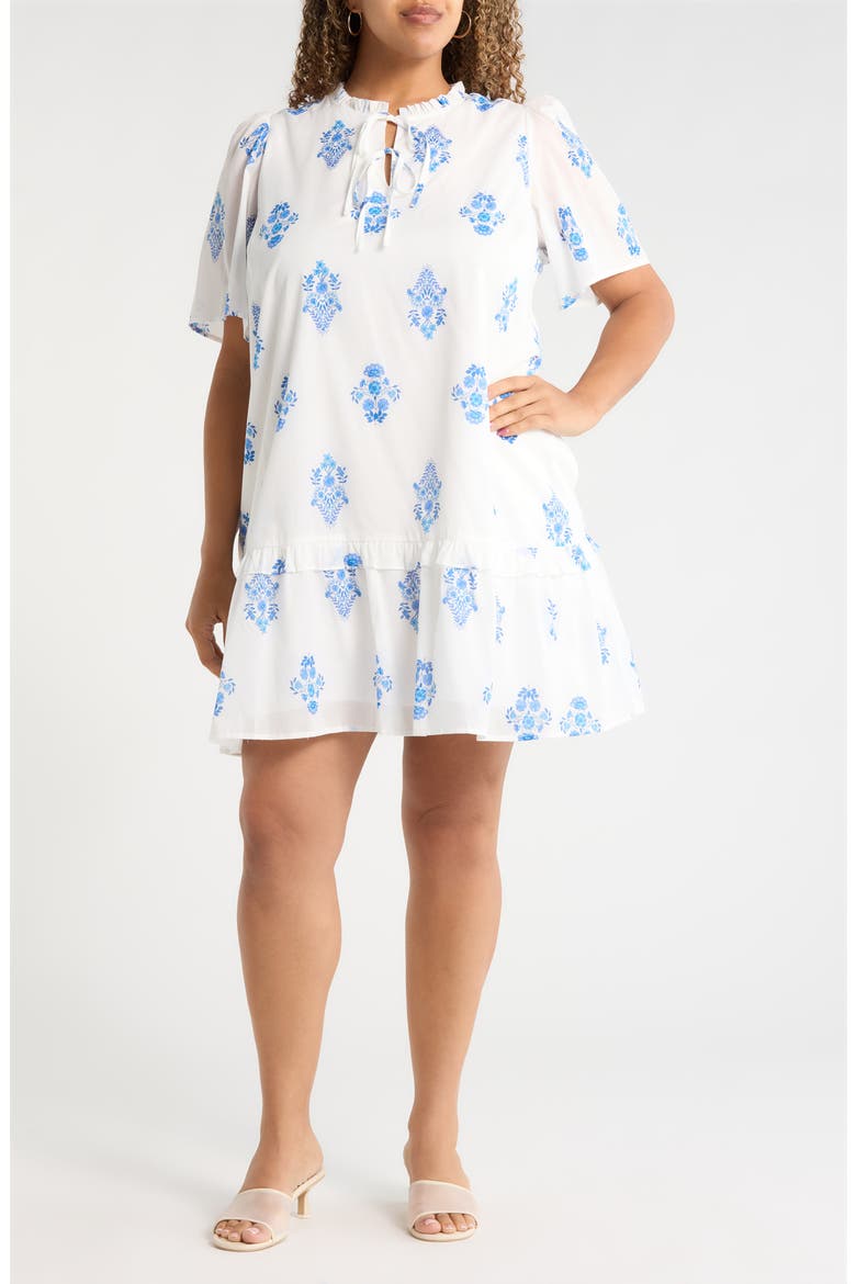 Yila Kuna Tiered Floral Minidress, Main, color, WHT-BLUES